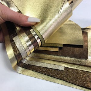 Chutes de cuir métallisé or | Véritable peau d’agneau prédécoupée | Feuilles de cuir or | Restes métalliques or et bronze pour DIY