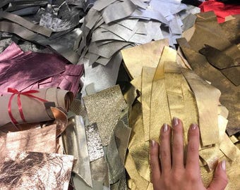 Metallic Leather Scrap Mix Real Lambskin Metallic Remnants For Earrings Pieces of Silver, Rose Gold, Gold, Pink