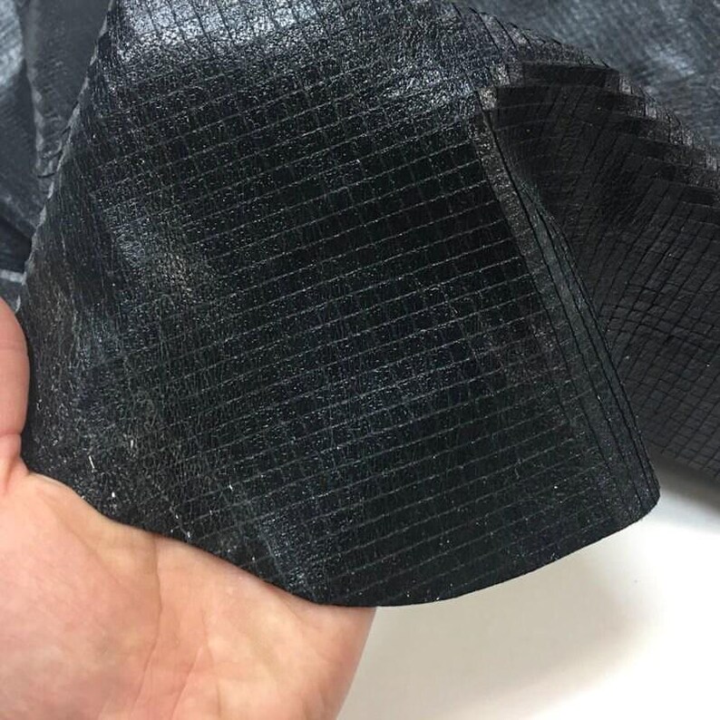BLACK textured leather hides, Thin Metallic Sheep skin sheets Scaled lambskin PLAID BLACK 793, 1.25oz Genuine sewing leather geometric print image 2