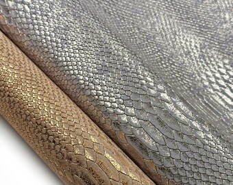 Glanzend echt leer met slangenprint zilver/lichtgoud 5-6 m² en goud/brons 7 m² Kies één glanzend stuk 1611 dik: 1,1-1,2 mm/2,75-3 oz
