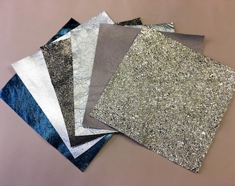Metallic leather scraps Shiny Leather mix pre-cut leather pieces 5x5 or 10x10 inch lambskin metal leather samples 6 pack leather for crafts