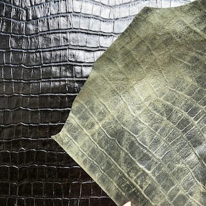 Shiny Black Crocodile // Genuine Black Leather Mixed With Green Hue // Crocodile Print Hides // Pirate Black Crocodile 918 0.8mm / 2 oz image 4