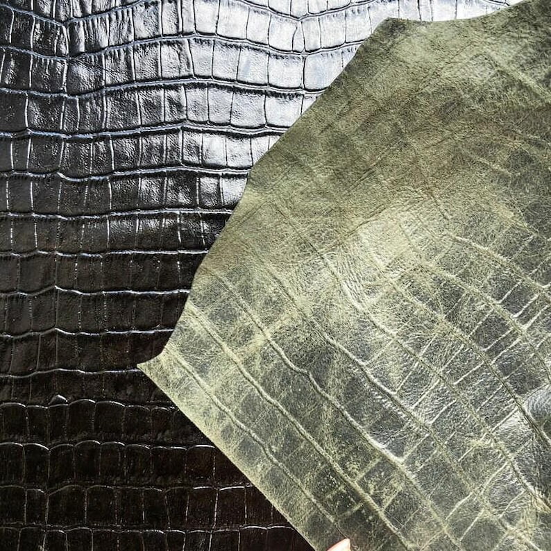 Shiny Black Crocodile // Genuine Black Leather Mixed With Green Hue // Crocodile Print Hides // Pirate Black Crocodile 918 0.8mm / 2 oz image 4