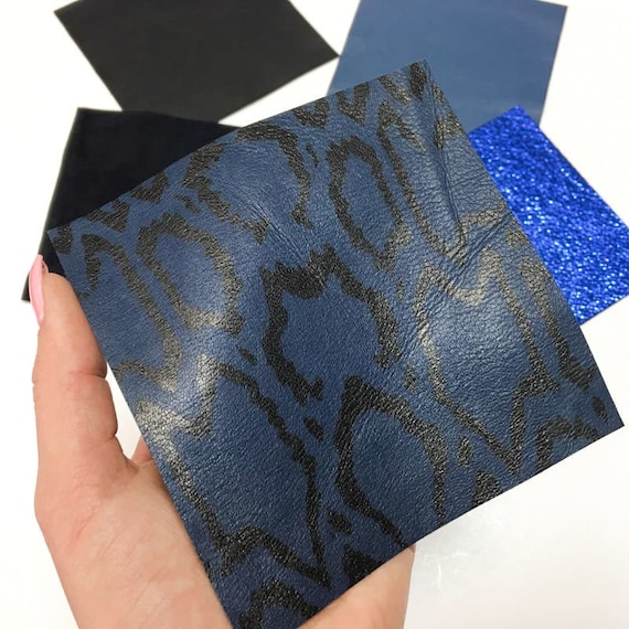 BLUE SNAKE Leather Scraps Dark Suede Blue Metallic Sheet 5x5 Inch