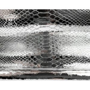 パイソンプリントレザーハイド // アニマルプリントのリアルメタリックレザー // 光沢のあるシルバー素材 // ミラーパイソン、1128、0.9 mm/2.25 オンス