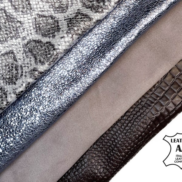 Unique Dark Gray Blue Sparkles Animal Print Silver Metallic Suede Bundle of 4 Italian Skins / Premium Leather FREE Express Delivery Included