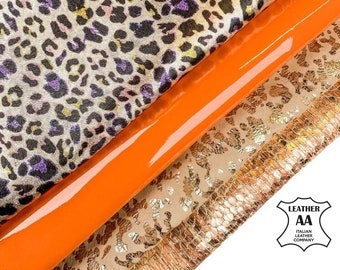 Sunny Orange Metallic Bonded Leather BUNDLE of 4 Italian Skins / Premium Lambskin / FREE Express Delivery + Gift / 4 - 7 sqft / 1.75- 2.25oz