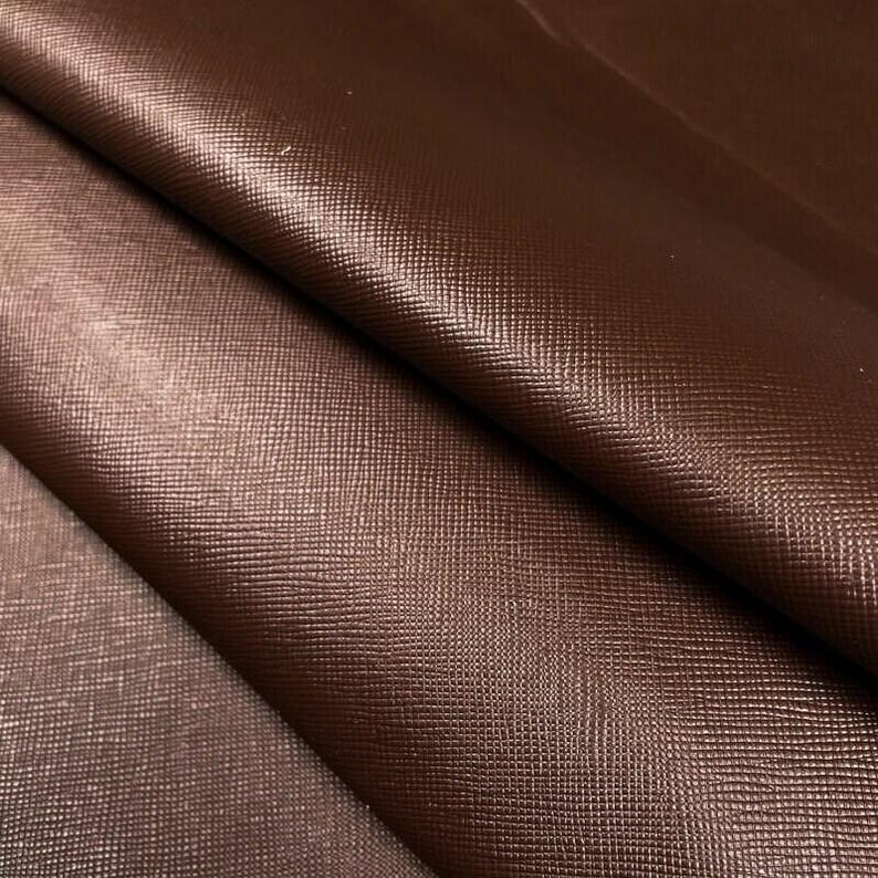 Dark Brown Leather Fabric // Saffiano // Real Animal Leather // Beige Cross-Hatch Pattern Technique // Dark Brown Saffiano, 1075, 0.7mm image 3