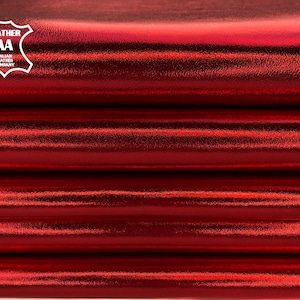 RED Metallic Lambskin Leather Hide Real Metal Leather Pieces Shiny Genuine Leather RUBY RED 2oz