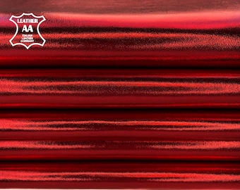 RED Metallic Lambskin Leather Hide Real Metal Leather Pieces Shiny Genuine Leather RUBY RED 2oz