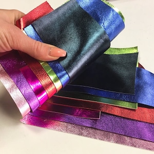Bright METALLIC off - cuts Colorful leather scraps MIX Genuine Leather remnants Red/Green/Blue/Teal/Purple/Orange metallic leather DIY packs