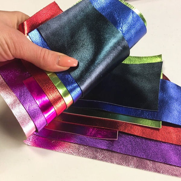 Bright METALLIC off - cuts Colorful leather scraps MIX Genuine Leather remnants Red/Green/Blue/Teal/Purple/Orange metallic leather DIY packs