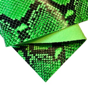 May include: Close-up of a piece of green and black snakeskin leather. The leather has a textured, scaly pattern with a bright green color and black accents. The underside of the leather is a solid, lighter green.