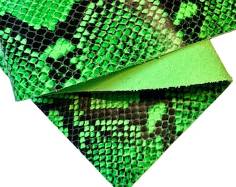 Neon Green Snake Print Lambskin Leather Sheets 6x6 / 8x10 / 12x12 / 12x18 inch Pieces 1.2mm (3oz)