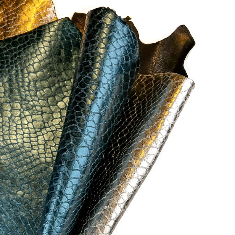 Light Gold And Teal Blue Metallic 4 5 sqft // 0.36 0.5 m2 Reptile Print Leather Thick Lambskin 1mm/2.5oz TEAL & GOLD REPTILE 1505 image 4