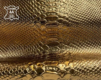 Dark Gold Real Leather Hides // Shiny Italian Lambskin // Bronze Snake Print // Textured Metallic Leather Sewing Pieces 1123, 0.1mm/2.5oz