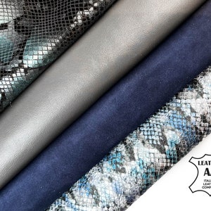 Blauw Suède Unieke Metallic Prints Grijs Lamsleer Italiaanse LederEN BUNDEL van 4 Huiden / GRATIS Express Levering / 3.5- 7.5 sqft // 1.75 - 2.75 oz
