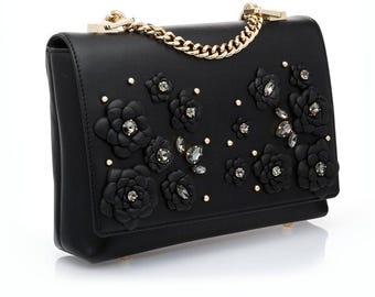 Black Leather Shoulder Bag from Genuine Italian Leather with Real Swarovski Crystals // Crossbody Bag CAMELLIA // LeatherAA x ANNA KRUZ