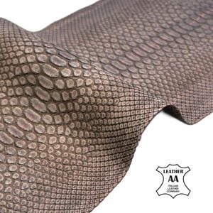 May include: Close-up of a sheet of textured, taupe-colored leather. The leather has a scale-like pattern and is slightly curved, revealing its texture. The image includes a logo that says "LEATHER AA ITALIAN LEATHER COMPANY."