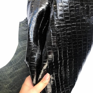 Shiny Black Crocodile // Genuine Black Leather Mixed With Green Hue // Crocodile Print Hides // Pirate Black Crocodile 918 0.8mm / 2 oz image 7