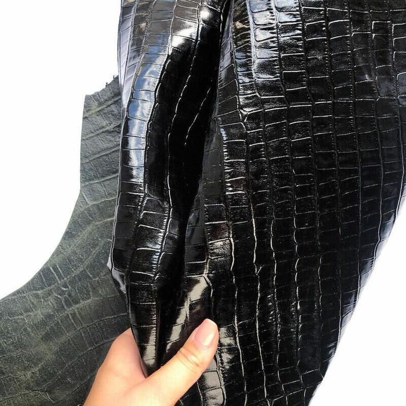 Shiny Black Crocodile // Genuine Black Leather Mixed With Green Hue // Crocodile Print Hides // Pirate Black Crocodile 918 0.8mm / 2 oz image 7