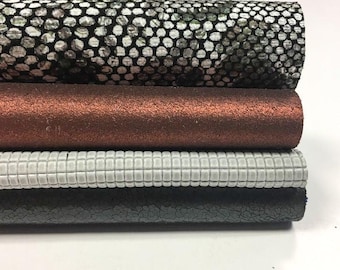 INDUSTRIAL leather set Snake hide print Textured skin Metallic lambskin 5x5 inch set Vintage gray leather sheet texture Snake skin scraps