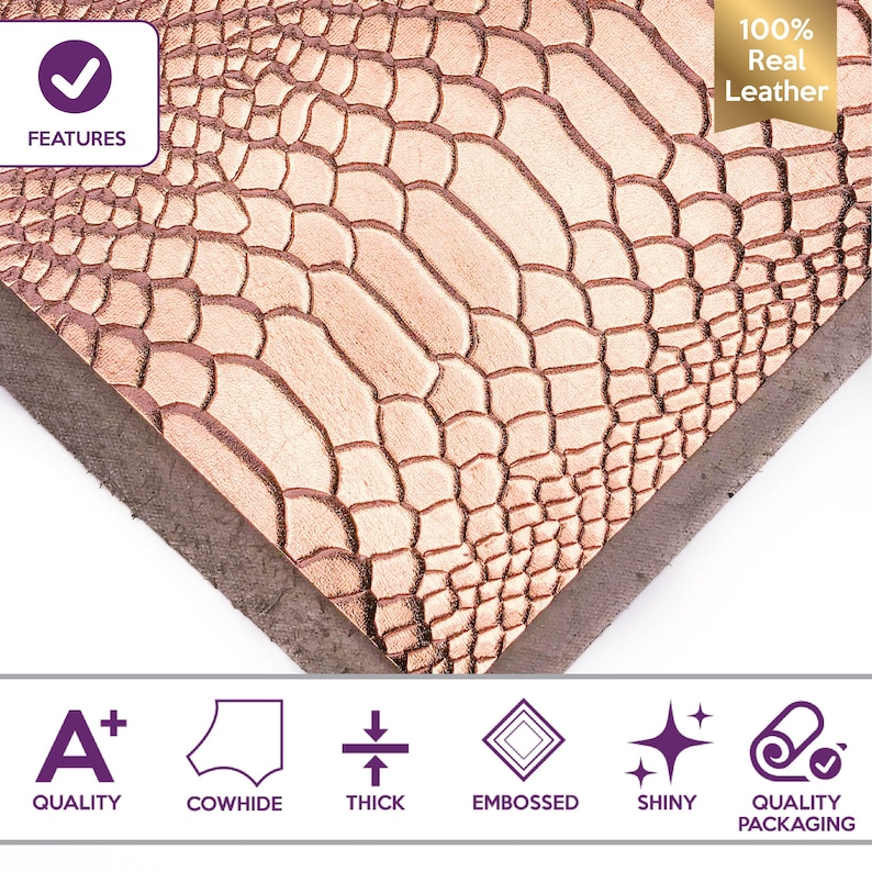 High Quality Italian Genuine Metallic Snake Hide Leather Sheets | Rose Gold | Choose Your Size | Snake Print Leather Sheets image 2