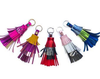 Colorful REAL Leather Keychain || Genuine Swarovski Crystals || Gift Box || Voluminous Tassel Keyholder || Lenght 7 in / 17cm