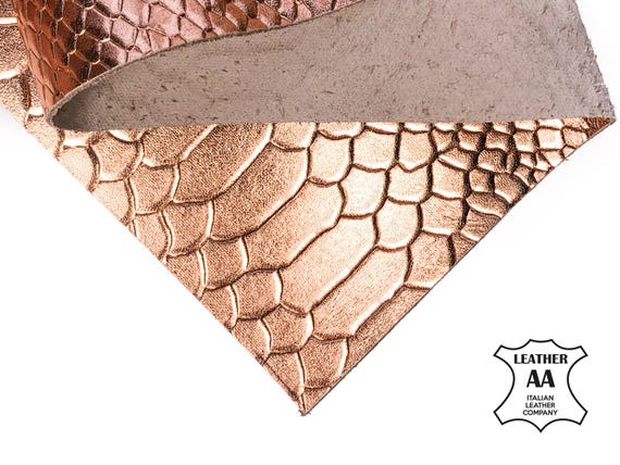 High Quality Italian Genuine Metallic Snake Hide Leather Sheets | Rose Gold | Choose Your Size | Snake Print Leather Sheets