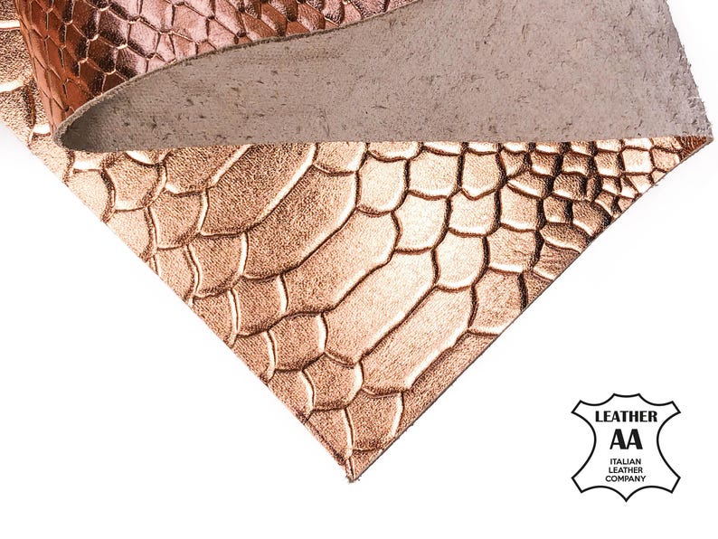 High Quality Italian Genuine Metallic Snake Hide Leather Sheets | Rose Gold | Choose Your Size | Snake Print Leather Sheets image 1