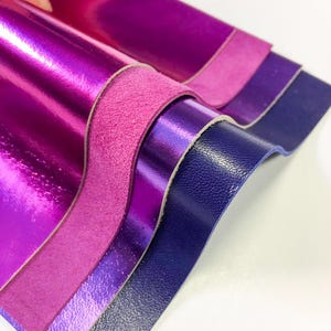 NEON PURPLE shades Lambskin leather sheets 4 purple metallic pieces 5x5 inch set Blue leather pieces for crafts mix Purple metallic sheet