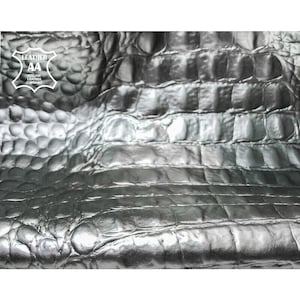 Metallic Matte Silver Crocodile Pieces // The Size of A Hide 3 - 3.5 sqft // Embossed Crocodile Print Hides // 1046, 0.7mm/1.75oz