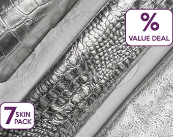 Limited SILVER Genuine Lambskin Metallic Italian Skins / Flower, Crocodile, Alligator Embossing / BUNDLE of 7 Full Skins / Express Delivery