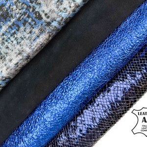 Marineblauwe luipaard lamsleer knisperen knapperig metallic hagedis lederen bundel van 4 huiden / GRATIS express levering + cadeau / 3 - 6 sqft / 1,75 - 2,25 oz