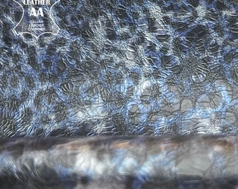 Crunchy Vintage Blue Leopard Print Lambskin 4 - 6 sqft // 0.38 - 0.6 m2 Thin Sewing Pieces 0.6-0.7mm/1.5-1.75oz VINTAGE BLUE Leo 1504