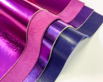 NEON PURPLE shades Lambskin leather sheets 4 purple metallic pieces 5x5 inch set Blue leather pieces for crafts mix Purple metallic sheet