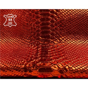 Dark Orange Leather Hides With Snake Print // Real Animal Leather //Metallic Lambskin Leather Pieces //FIERY ORANGE, 1073, 0.5 - 0.8mm / 2oz