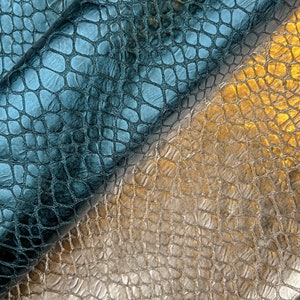 Light Gold And Teal Blue Metallic 4 5 sqft // 0.36 0.5 m2 Reptile Print Leather Thick Lambskin 1mm/2.5oz TEAL & GOLD REPTILE 1505 image 9