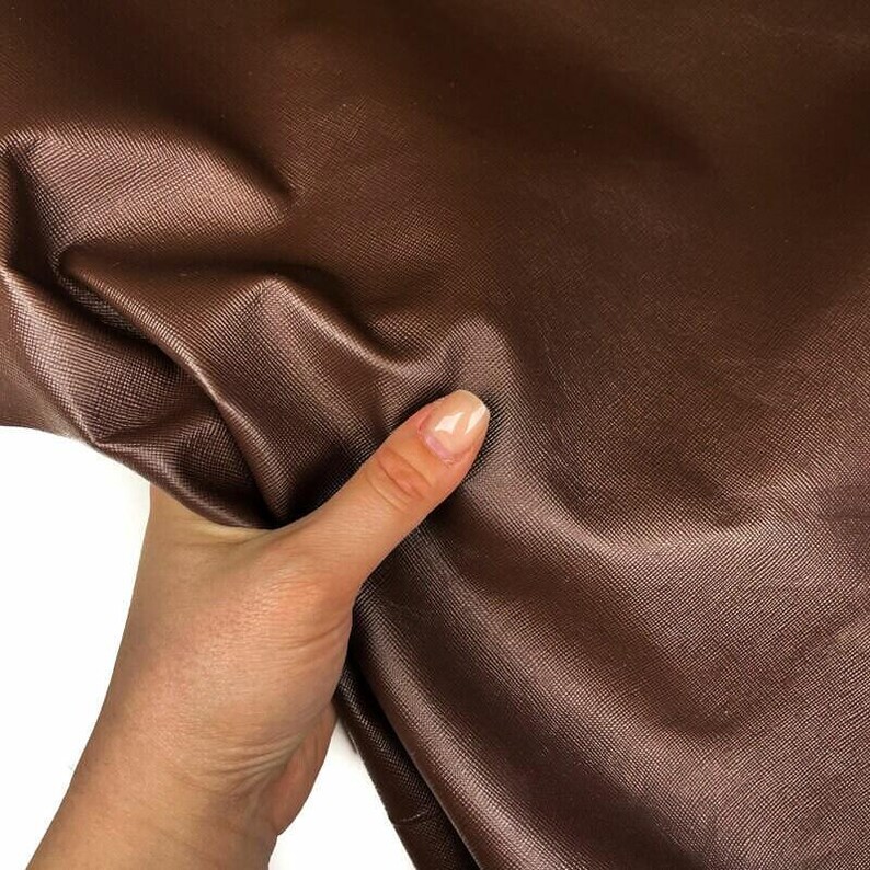 Dark Brown Leather Fabric // Saffiano // Real Animal Leather // Beige Cross-Hatch Pattern Technique // Dark Brown Saffiano, 1075, 0.7mm image 7