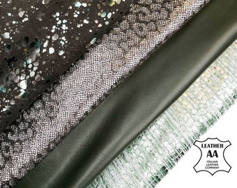 Grass Green Silver Genuine Lambskin Embossed BUNDLE of 4 Italian High Quality Skins / FREE Express Delivery + Gift / 5 - 6 sqft / 2 - 2.75oz