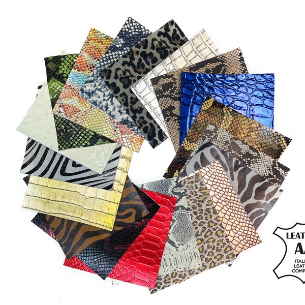 Safari Set Mix // Genuine Animal Print Leather Scraps 5x5 inch or 6x6 inch Pre-Cut Pieces // Colorful Earring Supplies