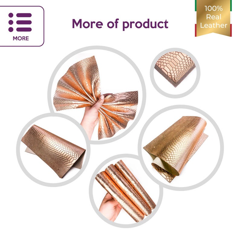 High Quality Italian Genuine Metallic Snake Hide Leather Sheets | Rose Gold | Choose Your Size | Snake Print Leather Sheets image 5