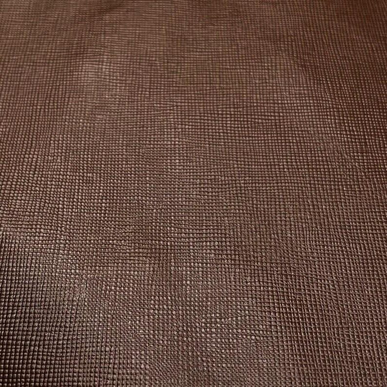 Dark Brown Leather Fabric // Saffiano // Real Animal Leather // Beige Cross-Hatch Pattern Technique // Dark Brown Saffiano, 1075, 0.7mm image 9
