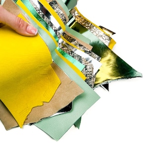 Limited Scraps Spring Green Yellow Beige Gold Lambskin // Snake Print, Textured, Suede, Metallic Leather 0.8-1.3mm/2-3.25oz