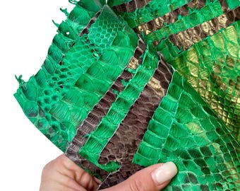 Premium Real Python Leather Scrap Pack Green and Gray – Mixed Size Usable Pieces 0.5-0.6mm (1.25-1.6oz)