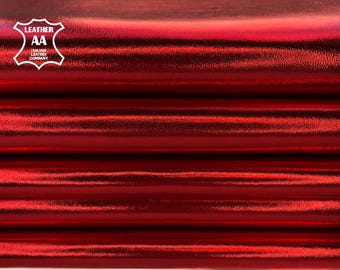 RED Metallic Leather Hide Real Metal Leather Pieces Shiny Genuine Leather RUBY RED 2oz
