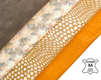 Unique Laser Cut & Snake Print Yellow Texture Soft Sheepskin Bundle of 4 Italian Skins // Premium Leather // FREE Express Delivery Included