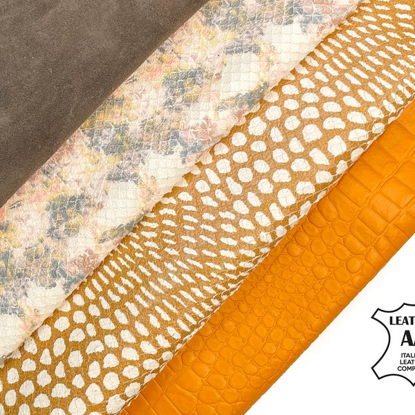 Unique Laser Cut & Snake Print Yellow Texture Soft Sheepskin Bundle of 4 Italian Skins // Premium Leather // FREE Express Delivery Included