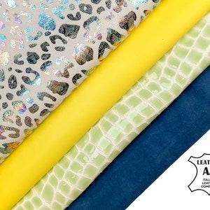 Unieke benzine leopard gele lamsleer blauw suède groene krokodil lederen bundel van 4 huiden / gratis express levering / 4-5 sqft / / 1.5-30oz