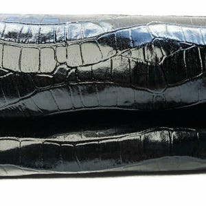 Shiny Black Crocodile // Genuine Black Leather Mixed With Green Hue // Crocodile Print Hides // Pirate Black Crocodile 918 0.8mm / 2 oz image 3